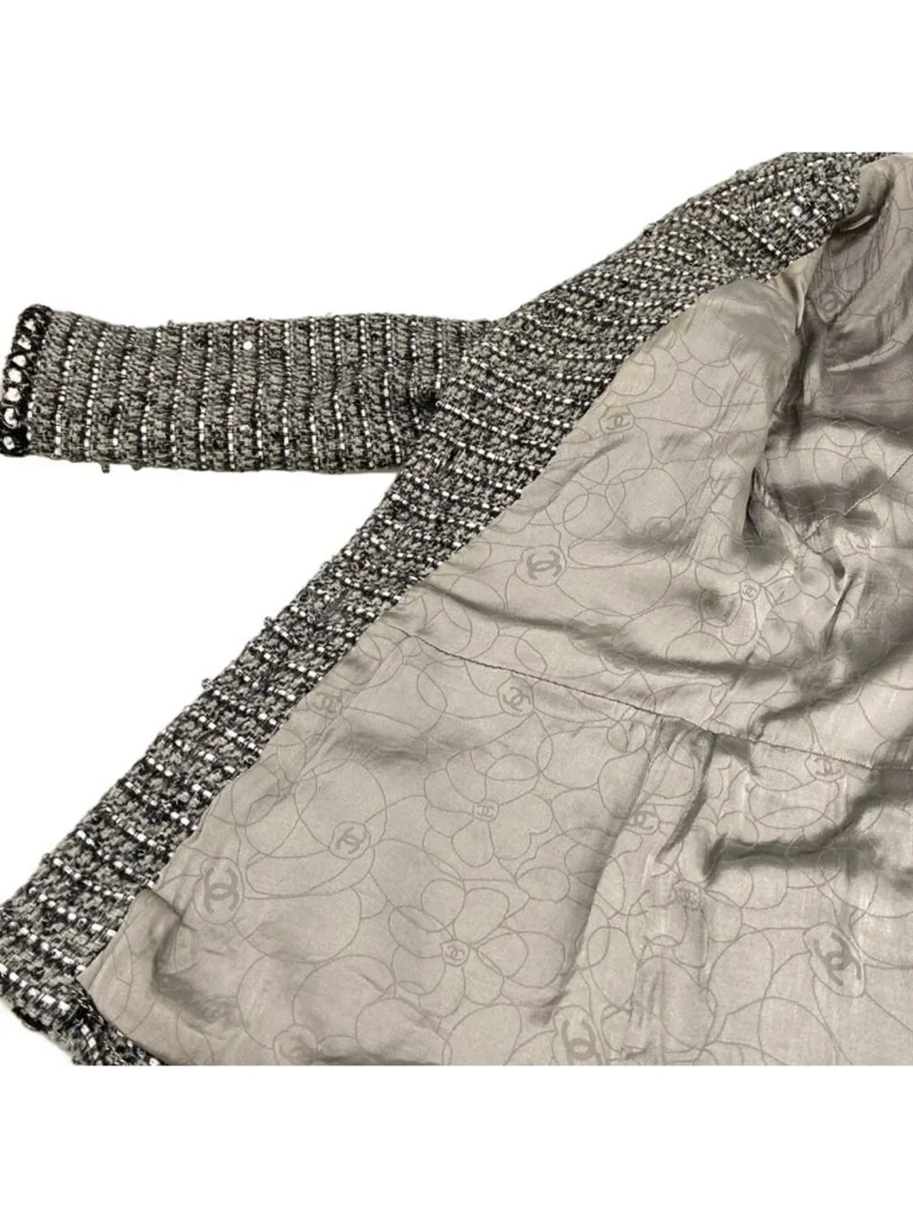 Chanel Jacket 34 S Gray Black White Long Sleeve Tweed Sequin Rhinestone Autumn
